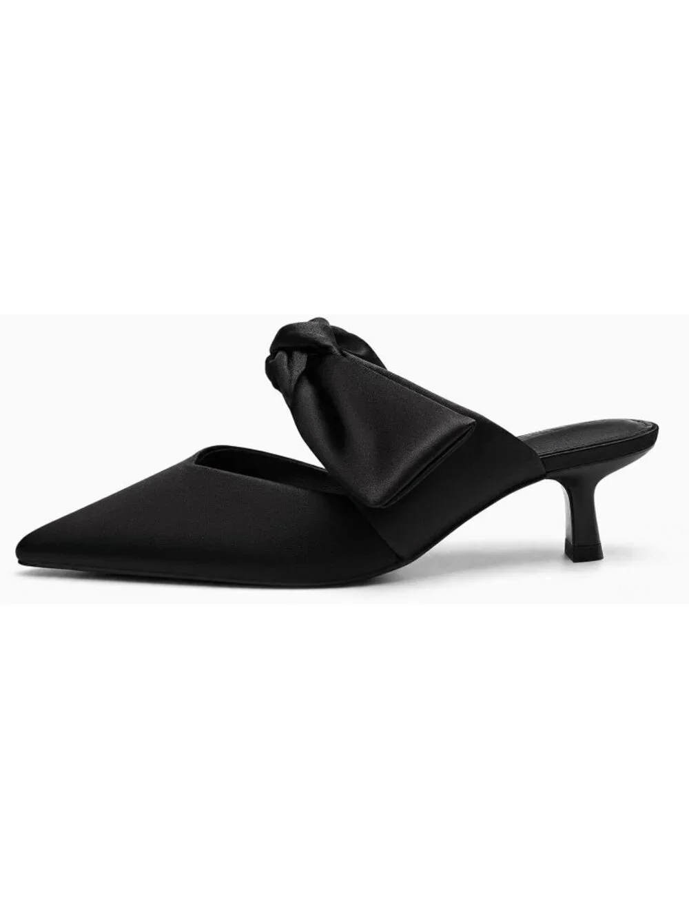 Women's Black Rubber Satin Bow Strap Kitten Heels Pointed Toe Slip On Mule Pumps